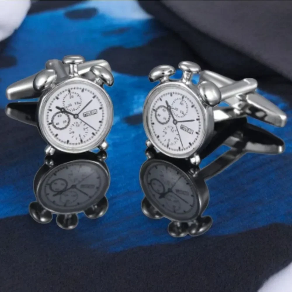 Vintage Alarm Clock Cufflinks Analog Twin Bell Silver Novelty Chronograph Formal